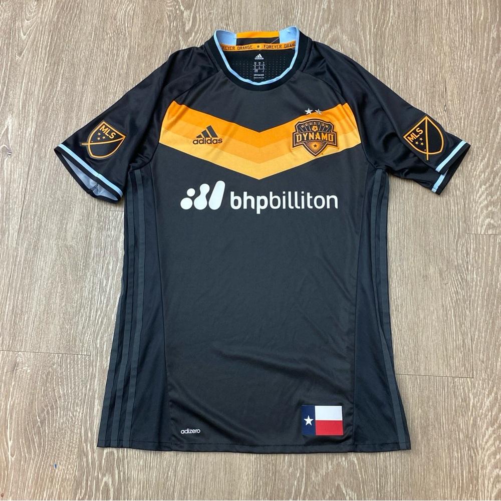 adidas Houston Dynamo Black and Orange Chest-Stripe Soccer Jersey